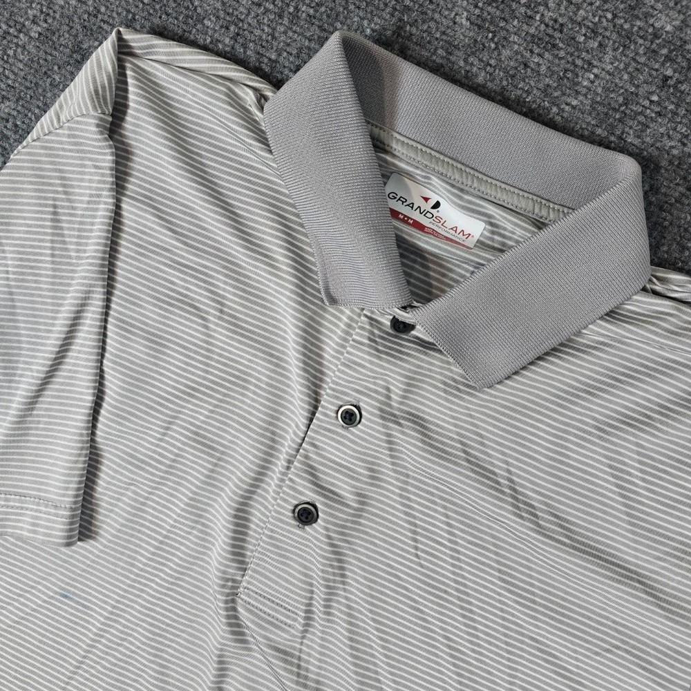 Grand Slam Performance Mens Medium Golf‎ Polo Shirt Gray Stripe Short Sleeve